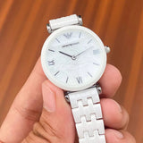 Emporio Armani Giannti T Bar Quartz Mother of Pearl Dial White Steel Strap Watch For Women - AR1485