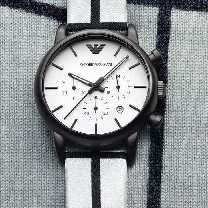 Emporio Armani Luigi Large Chronograph White Dial Two Tone Fabric Strap Watch for Men- AR1859