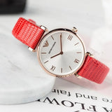 Emporio Armani Gianni T Bar Silver Dial Red Leather Strap Watch For Women - AR1876