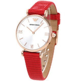 Emporio Armani Gianni T Bar Silver Dial Red Leather Strap Watch For Women - AR1876