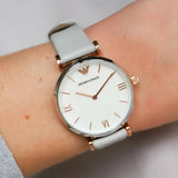 Emporio Armani Gianni T Bar Quartz Mother of Pearl Dial White Leather Strap Watch For Women - AR1965