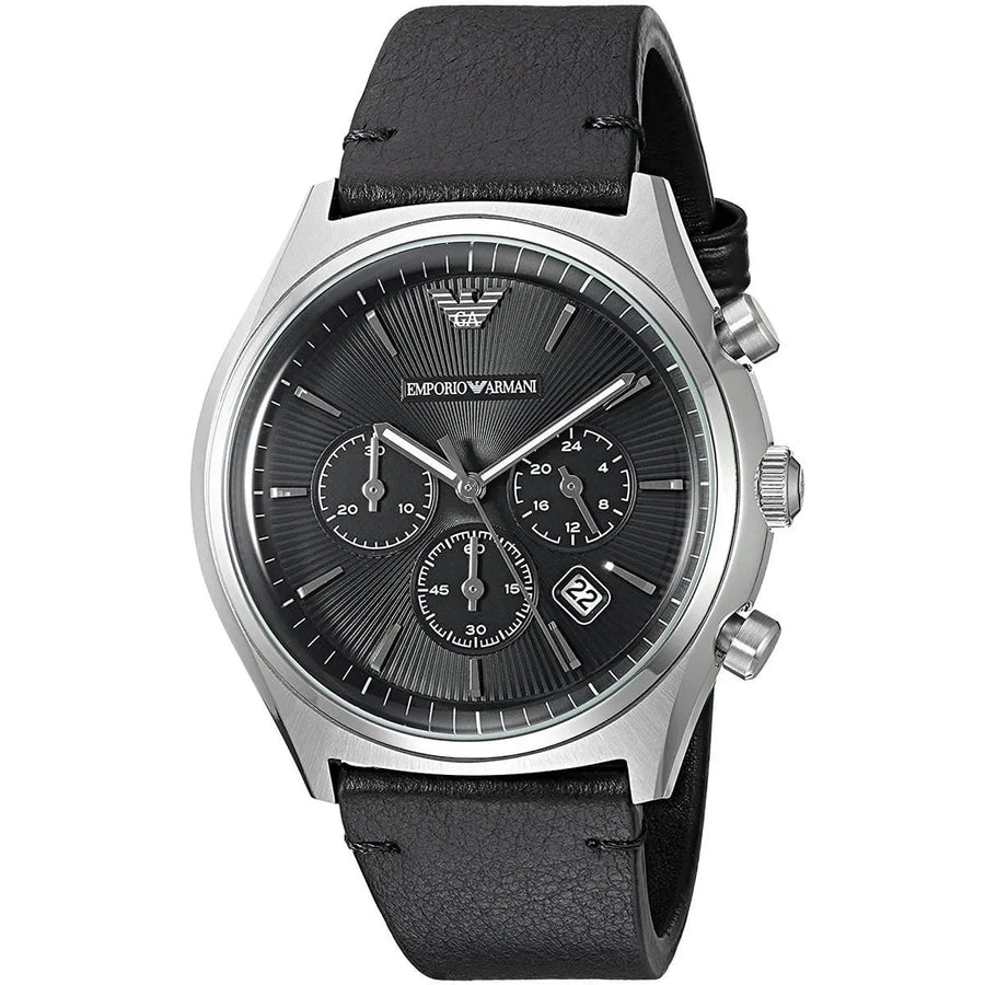 Emporio Armani Zeta Chronograph Black Dial Black Leather Strap Watch for Men - AR1975