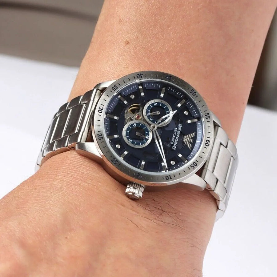 Emporio Armani Meccanico Automatic Blue Dial Silver Steel Strap Watch For Men - AR60052