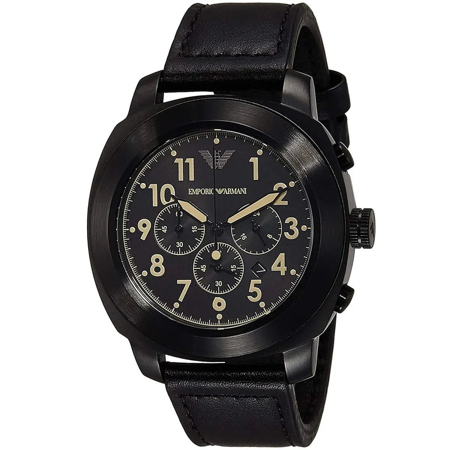 Emporio Armani Sportivo Chronograph Black Dial Black Leather Strap Watch for Men - AR6061