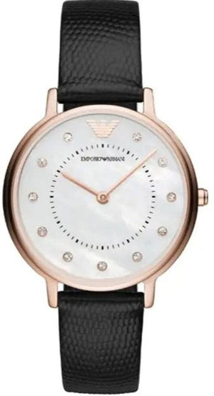 Emporio Armani Kappa Mother of Pearl Dial Black Leather Strap Watch For Women - AR80011