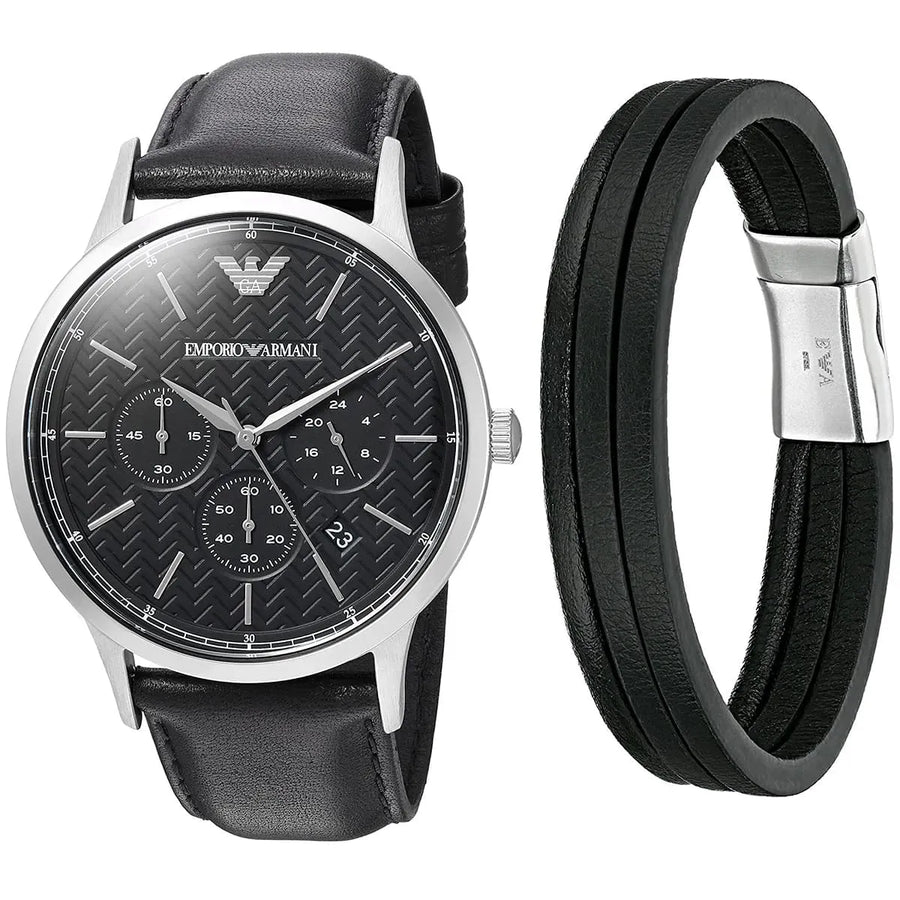 Emporio Armani Renato Chronograph Black Dial Black Leather Strap Watch for Men - AR8034