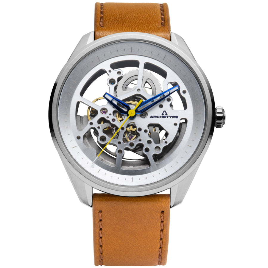Fossil Boyfriend Automatic Skeleton Silver Dial Brown Leather Strap Watch for Women - ME3109