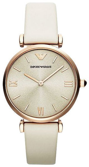 Emporio Armani Gianni T Bar Light Brown Dial White Leather Strap Watch For Women - AR1769