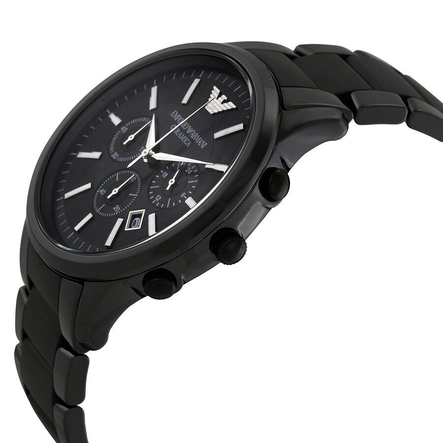 Emporio Armani Ceramica Chronograph Black Dial Black Steel Strap Watch For Men - AR1451