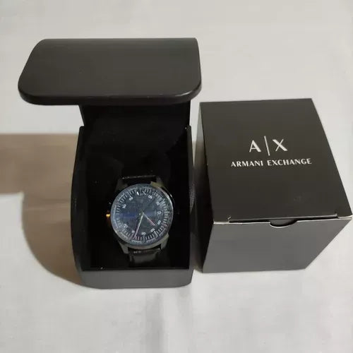 Armani Exchange Hampton Quartz Blue Dial Black Leather Strap Watch for Men - AX2411