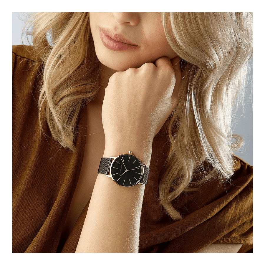 Armani Exchange Lola Three Hand Black Dial Black Mesh Strap Watch For Women - AX5548