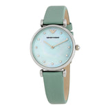 Emporio Armani Gianni T Bar Mother Of Pearl Blue Dial Blue Leather Strap Watch For Women - AR1959