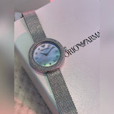 Emporio Armani Rosa Diamonds Mother of Pearl Blue Dial Silver Mesh Bracelet Watch For Women - AR11380