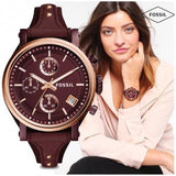 Fossil Original Boyfriend Sport Chronograph Maroon Dial Maroon Leather Strap Watch for Women - ES4114