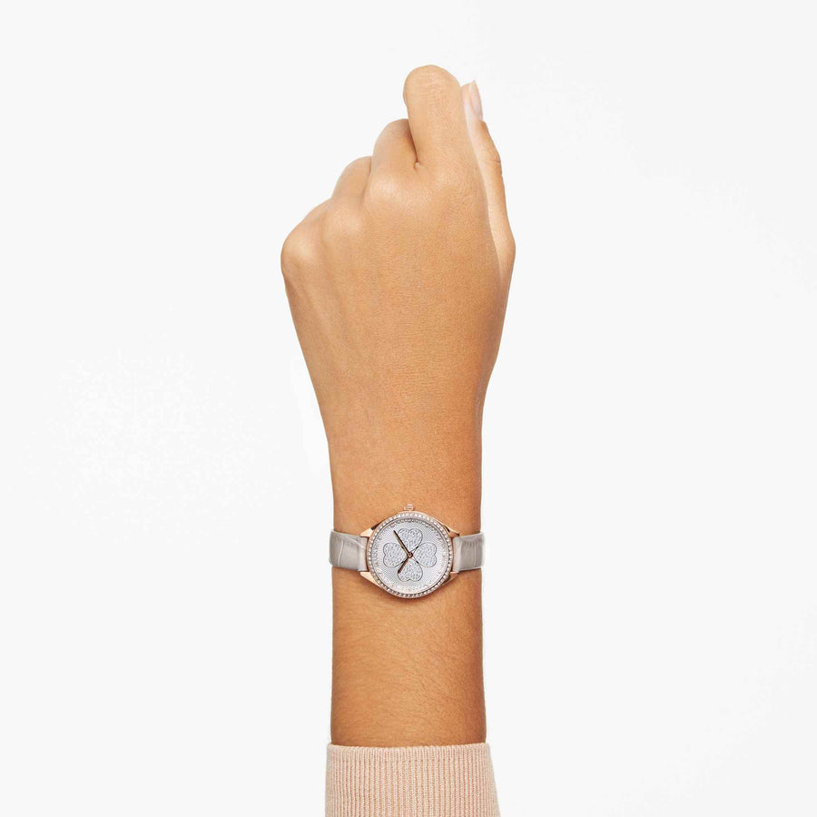 Swarovski Attract Clover Crystals Silver Dial Grey Leather Strap Watch for Women - 5653350