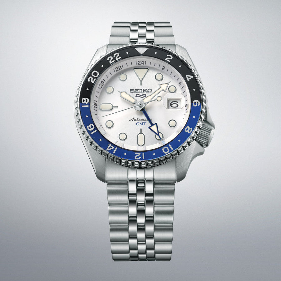 Seiko 5 Sports SKX GMT Automatic Sky Blue Dial Silver Steel Strap Watch For Men - SSK033K1