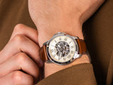 Fossil Grant Automatic Beige Skeleton Dial Brown Leather Strap Watch for Men - ME3099