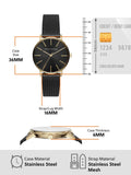 Black watch with gold case, dimensions, and details.