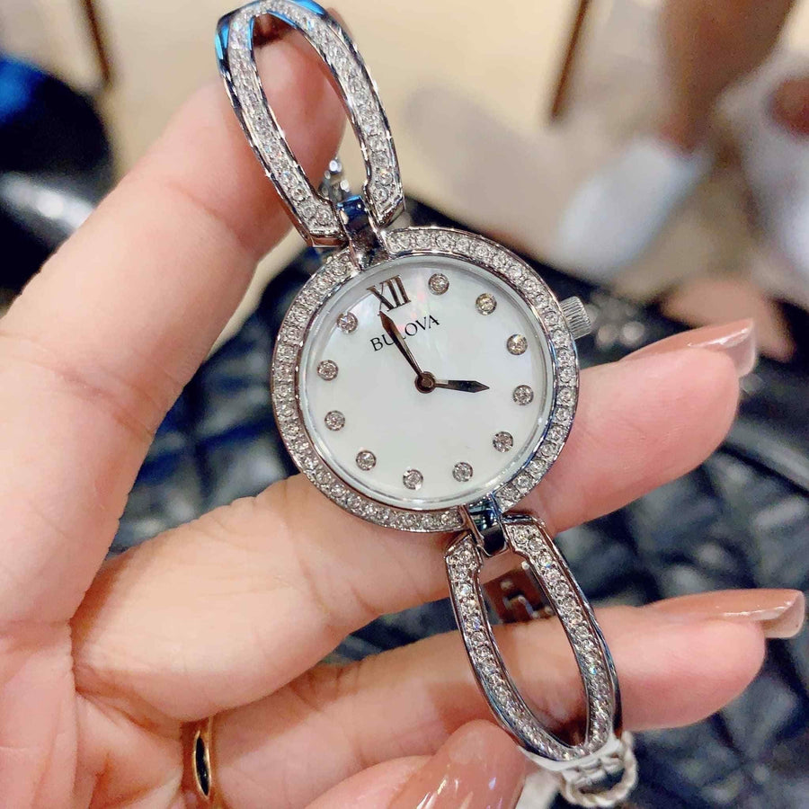 Bulova Crystal Collection Mother of Pearl Dial Silver Steel Strap Watch for Women - 96L223