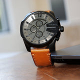 Diesel Mega Chief Grey Dial Brown Leather Strap Watch For Men - DZ4463