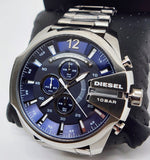 Diesel Mega Chief Chronograph Blue Dial Silver Steel Strap Watch For Men - DZ4417