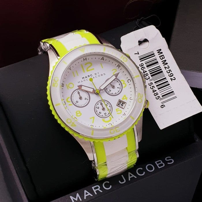 Marc Jacobs Rock Chronograph White Dial White & Green Silicone Strap Watch for Women - MBM2592