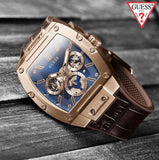 Guess Phoenix Multifunction Blue Dial Brown Leather Strap Watch for Men - GW0202G2