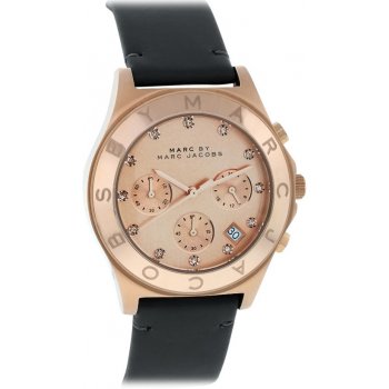 Marc Jacobs Blade Chronograph Rose Gold Dial Black Leather Strap Watch for Women - MBM1188