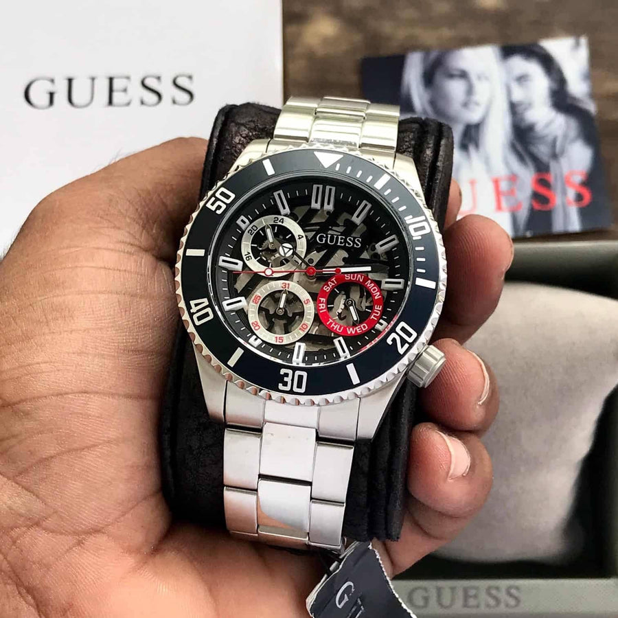 Guess Axle Multifunction Black Dial Silver Steel Strap Watch For Men - GW0488G1