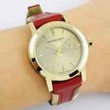 Burberry Heritage Nova Gold Dial Haymarket Red Leather Strap Watch for Women - BU9111