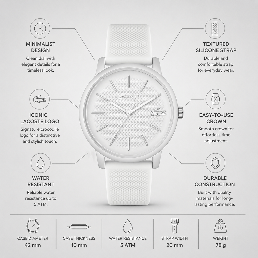 Lacoste 12.12 Move Silver Dial White Silicone Strap Watch for Men - 2011240