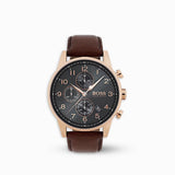 Hugo Boss Navigator Grey Dial Brown Leather Strap Watch for Men - 1513496