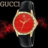 Gucci G Timeless Coral Red Dial Black Leather Strap Watch For Men - YA126464