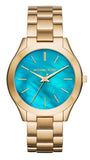 Michael Kors Slim Runway Blue Mother of Pearl Dial Gold Steel Strap Watch for Women - MK3492