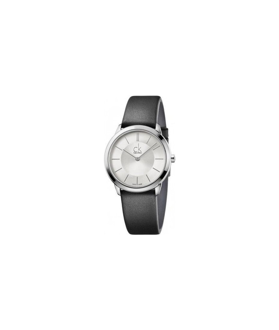 Calvin Klein Minimal Silver Dial Black Leather Strap Watch for Women - K3M221C6