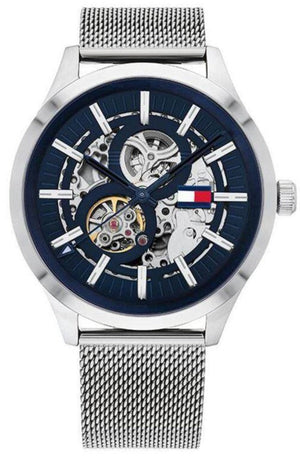 Tommy Hilfiger Spencer Skeleton Black Dial Silver Mesh Bracelet Watch for Men - 1791643