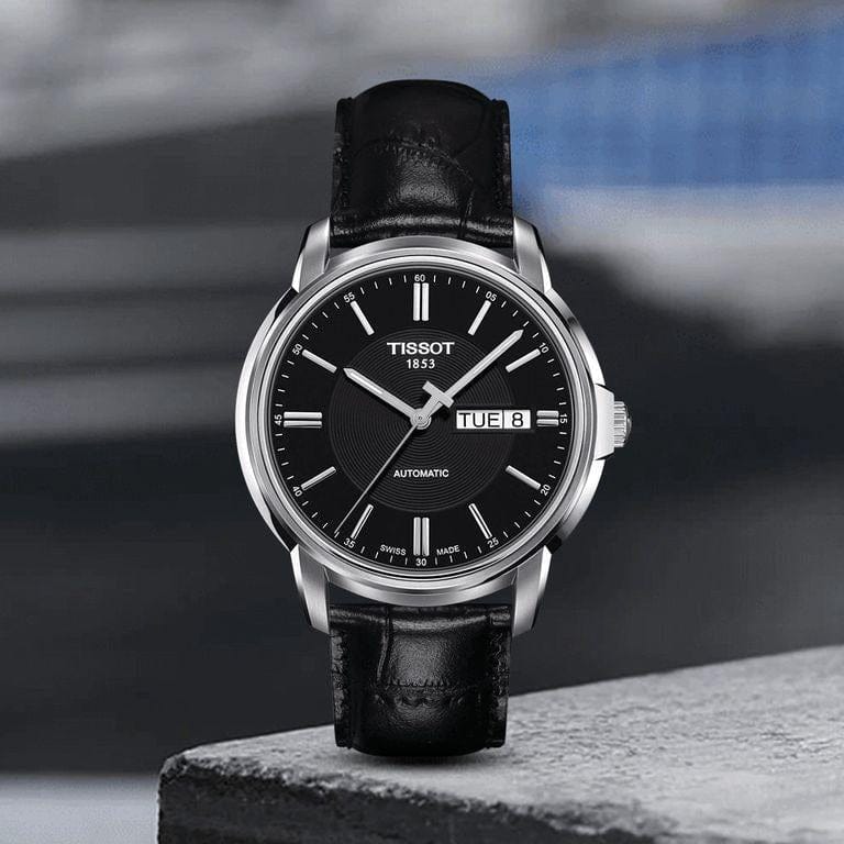 Tissot Automatics III Day Date Black Dial Black Leather Strap Watch For Men - T065.430.16.051.00