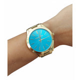 Michael Kors Slim Runway Blue Mother of Pearl Dial Gold Steel Strap Watch for Women - MK3492