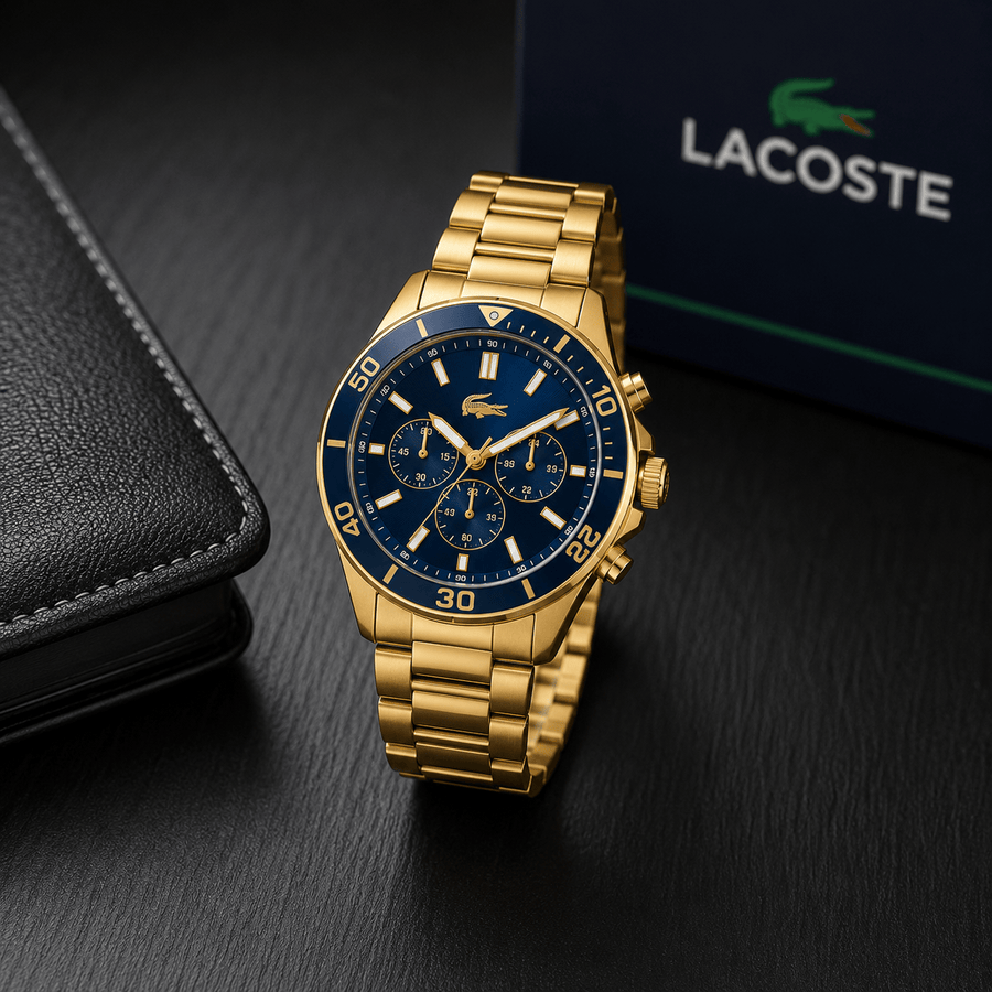 Lacoste Tiebreaker Chronograph Blue Dial Gold Steel Strap Watch for Men - 2011151