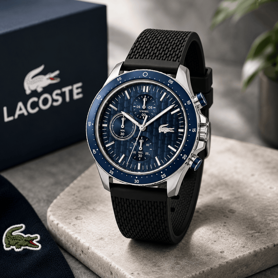Lacoste Neoheritage Chronograph Blue Dial Black Silicone Strap Watch for Men - 2011252