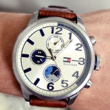 Tommy Hilfiger Jackson Multi-Function Silver Dial Brown Leather Strap Watch for Men - 1791239