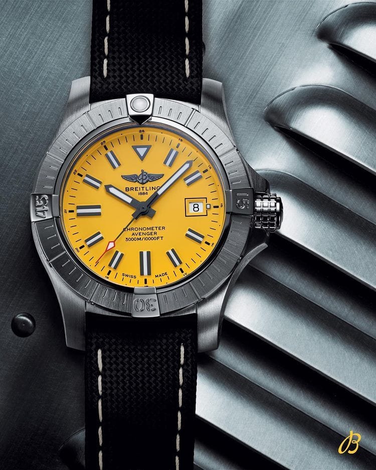 Breitling Avenger Automatic 45 Seawolf Yellow Dial Black Nylon Strap Watch for Men - A17319101I1X1