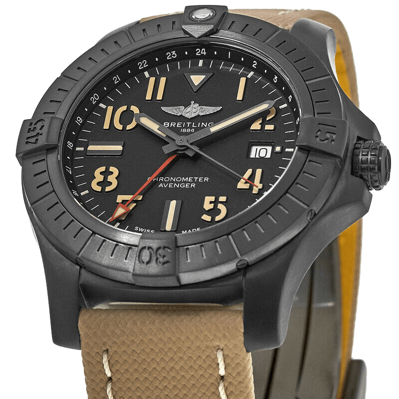 Breitling Avenger Automatic GMT 45 Black Dial Brown Nylon Strap Watch for Men - V32395101B1X1