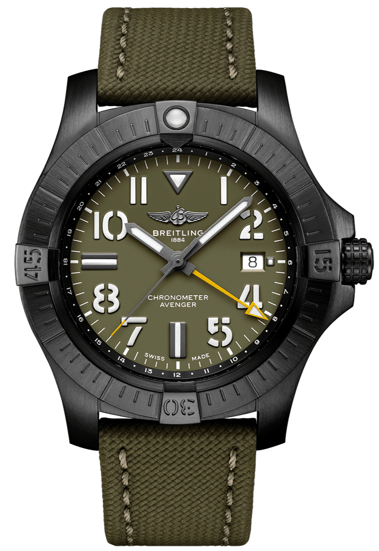Breitling Avenger Automatic GMT 45 Night Mission Green Dial Green Nylon Strap Watch for Men - V323952A1L1X1