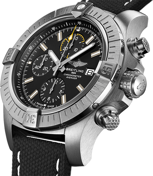 Breitling Avenger Chronograph 45mm Black Dial Black Leather Strap Watch for Men - A13317101B1X1