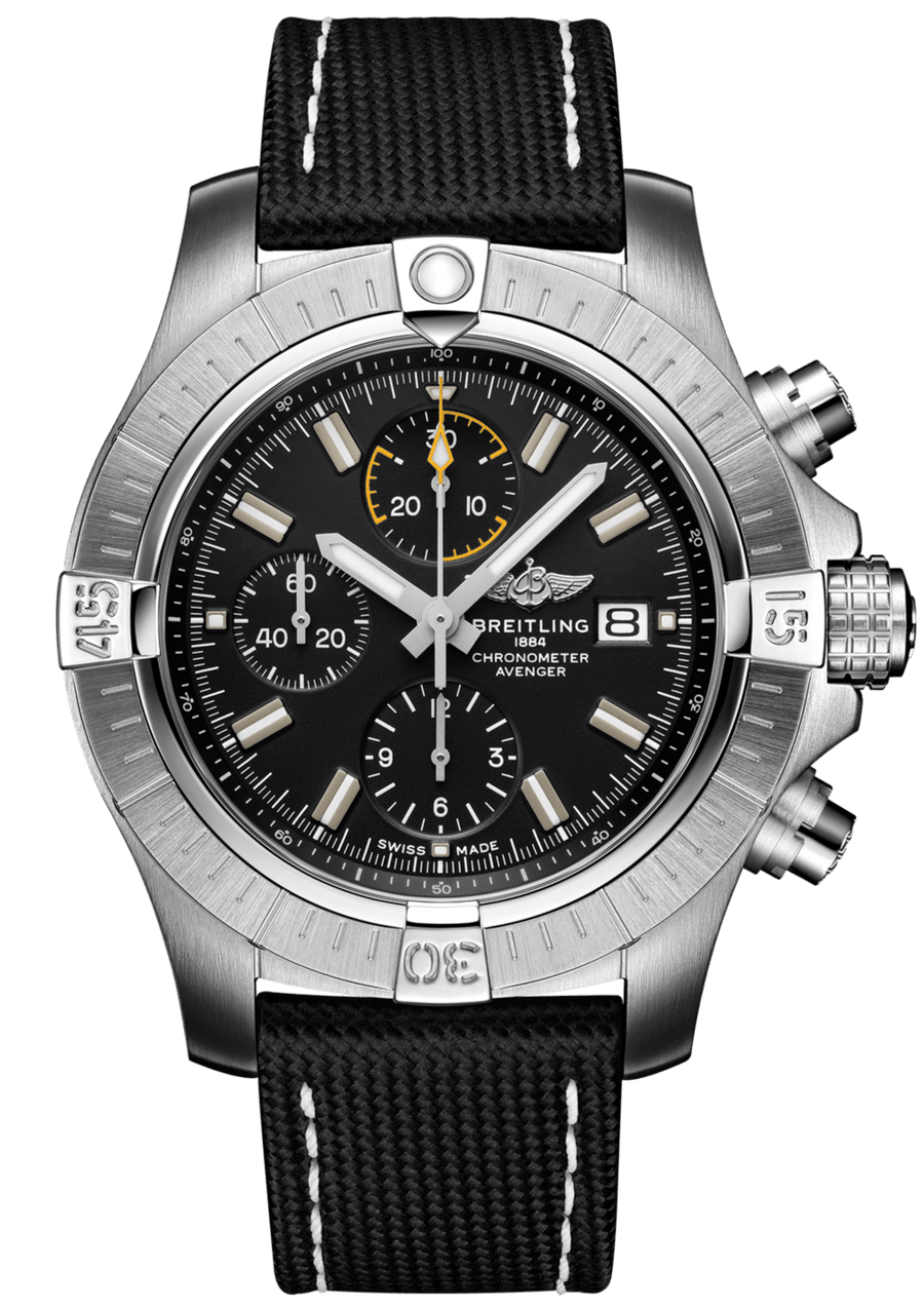 Breitling Avenger Chronograph 45mm Black Dial Black Leather Strap Watch for Men - A13317101B1X1