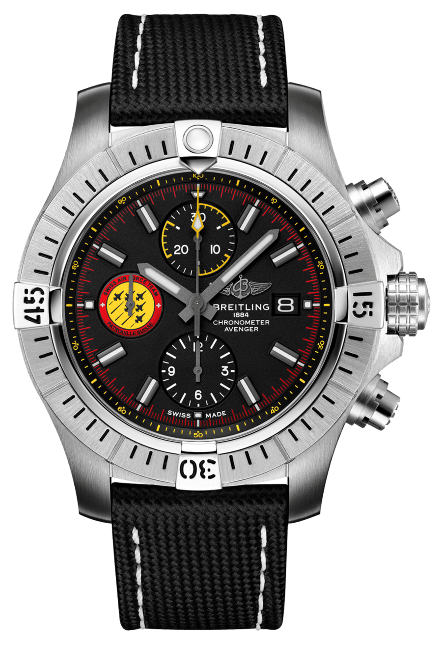 Breitling Avenger Chronograph 45mm Swiss Air Force Team Black Dial Black Nylon Strap Watch for Men - A133171A1B1X1