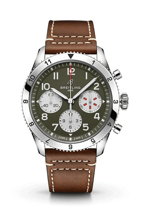 Breitling Avi Chronograph 42 Curtiss Warhawk Green Dial Brown Leather Strap Watch for Men - A233802A1L1X1