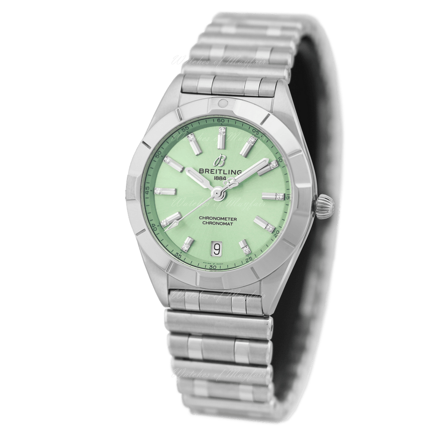 Breitling Chronomat 32 Diamonds Green Dial Silver Steel Strap Watch for Women - A77310101L1A1