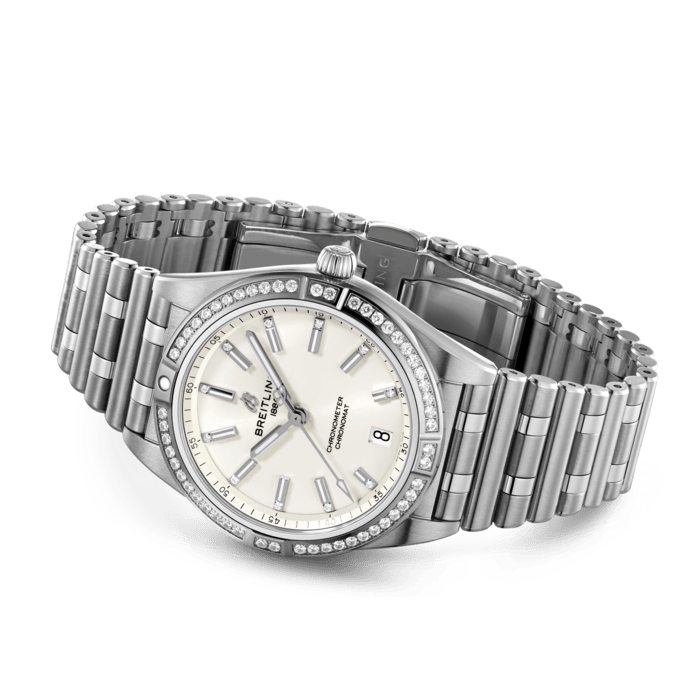 Breitling Chronomat Automatic 36 Diamonds White Dial Silver Steel Strap Watch for Women - A10380591A1A1